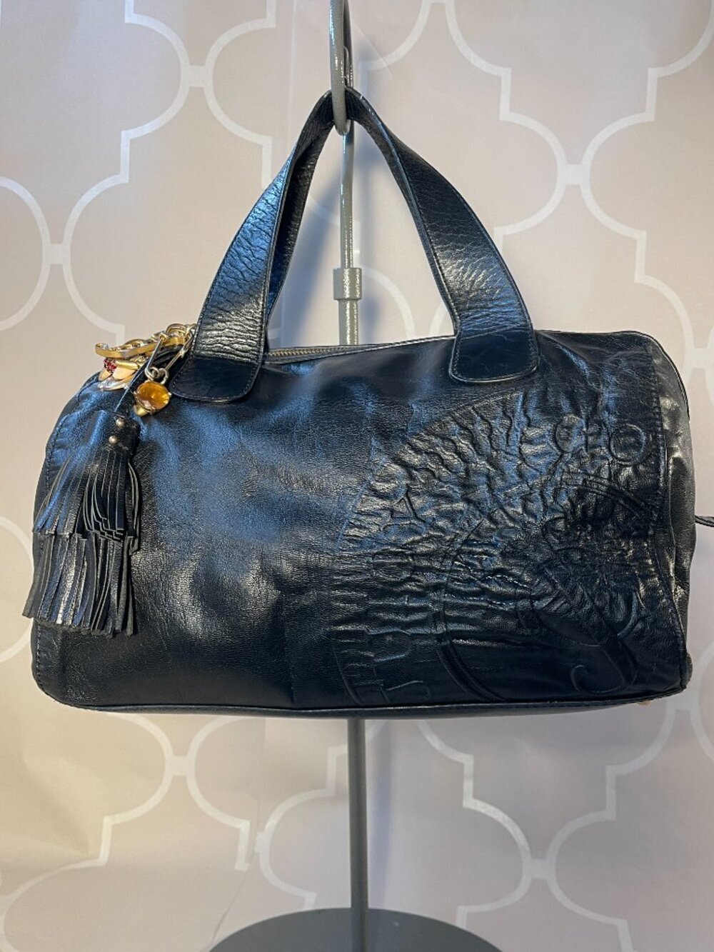 Juicy Couture Y2K Black Leather Bowling Shoulder Bag Tassel Logo Purse